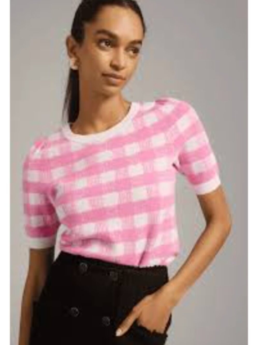 EUC Anthro Maeve Harmon pink gingham sweater - M